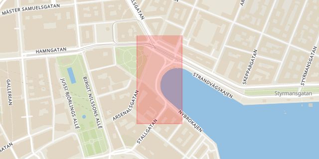 Karta som med röd fyrkant ramar in Nybrohamnen, Norrmalm, Stockholm, Stockholms län