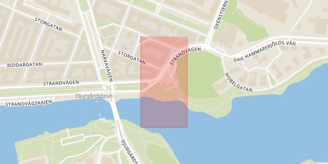 Karta som med röd fyrkant ramar in Israels Ambassad, Stockholm, Stockholms län