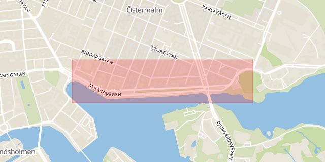 Karta som med röd fyrkant ramar in Östermalm, Strandvägen, Stockholm, Stockholms län