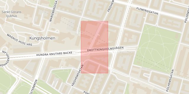 Karta som med röd fyrkant ramar in Kungsholmen, Fridhemsplan, Sankt Eriksgatan, Stockholm, Stockholms län