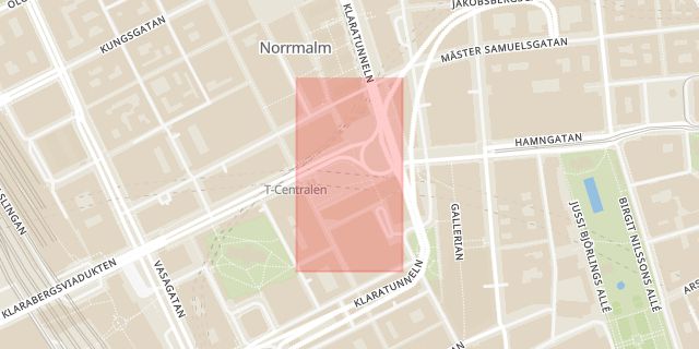 Karta som med röd fyrkant ramar in Sergels Torg, Stockholm, Stockholms län