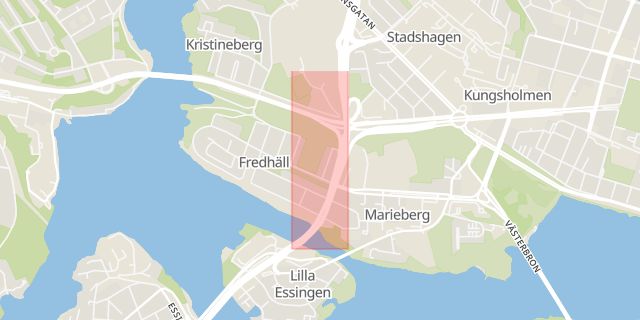 Karta som med röd fyrkant ramar in Klaratunneln, Fredhällstunneln, Centralbron, Essingeleden, Stockholm, Stockholms län