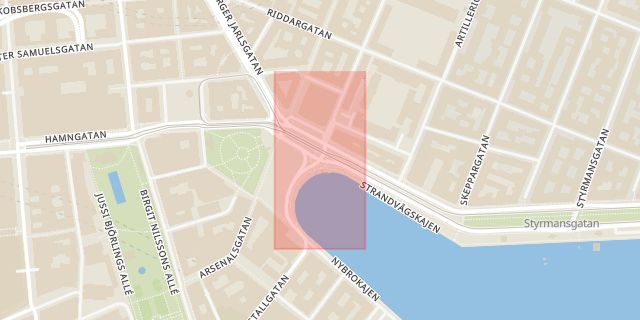Karta som med röd fyrkant ramar in Strandvägen, Nybroplan, Nybrokajen, Stockholm, Stockholms län