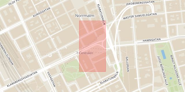 Karta som med röd fyrkant ramar in Klarabergsgatan, Sergels Torg, Stockholm, Stockholms län