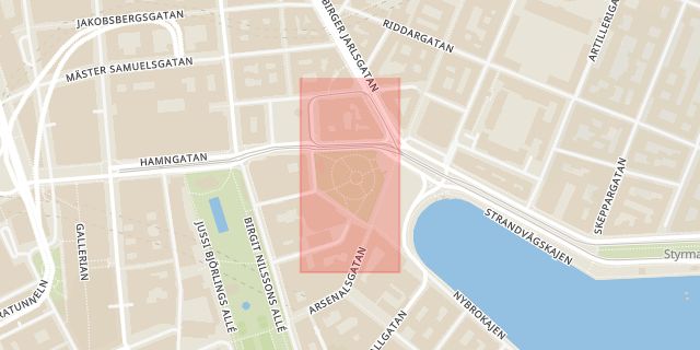 Karta som med röd fyrkant ramar in Strandvägen, Berzelii Park, Stockholm, Stockholms län