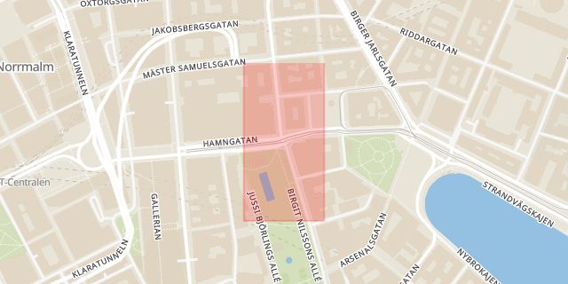 Karta som med röd fyrkant ramar in Norrmalm, Hamngatan, Kungsträdgårdsgatan, Stockholm, Stockholms län