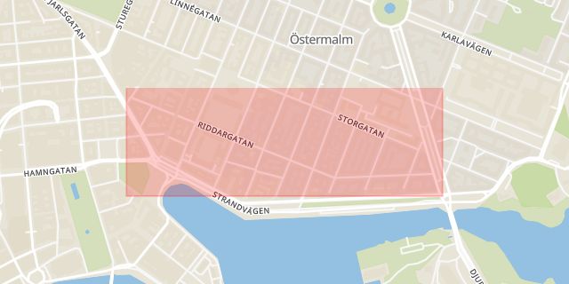 Karta som med röd fyrkant ramar in Riddargatan, Stockholm, Stockholms län