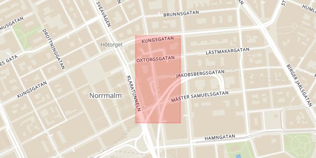 Karta som med röd fyrkant ramar in Jakobsbergsgatan, Malmskillnadsgatan, Stockholm, Stockholms län
