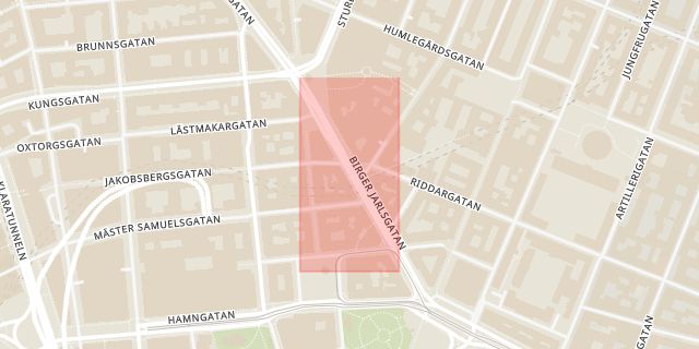 Karta som med röd fyrkant ramar in Östermalm, Birger Jarlsgatan, Kungsgatan, Stockholm, Stockholms län