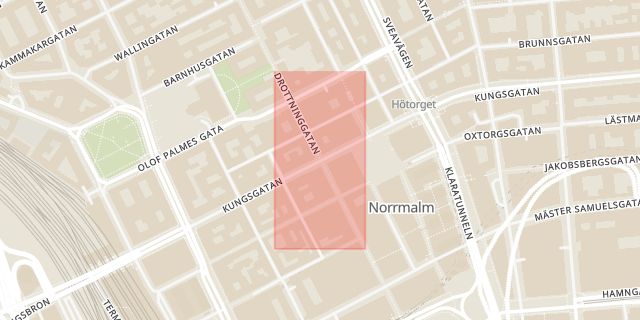 Karta som med röd fyrkant ramar in Norrmalm, Drottninggatan, Kungsgatan, Stockholm, Stockholms län