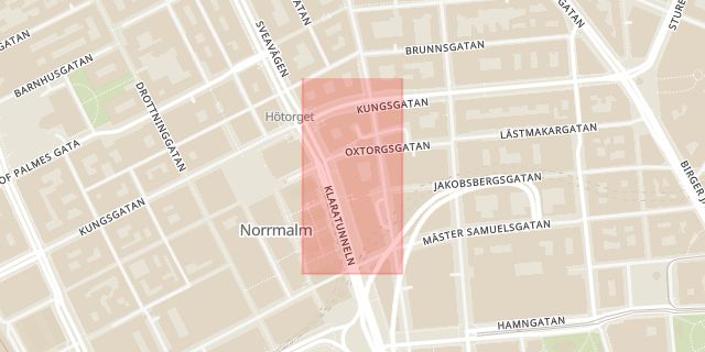 Karta som med röd fyrkant ramar in Hötorget, Sveavägen, Stockholm, Stockholms län