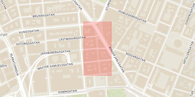 Karta som med röd fyrkant ramar in Norrmalm, Jakobsbergsgatan, Biblioteksgatan, Stockholm, Stockholms län