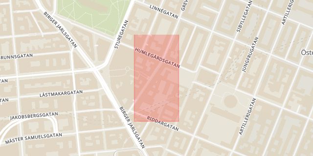 Karta som med röd fyrkant ramar in Grev Turegatan, Östermalm, Birger Jarlsgatan, Stockholm, Stockholms län