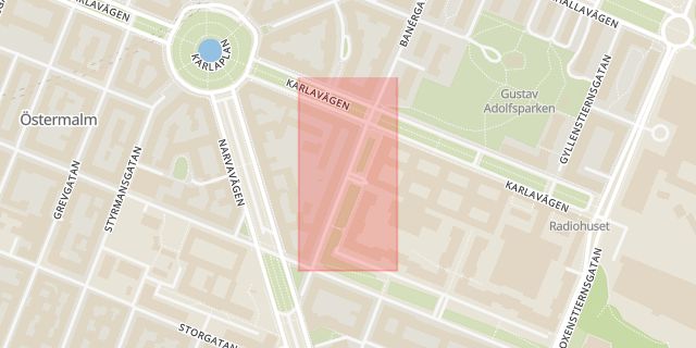 Karta som med röd fyrkant ramar in Östermalm, Garnisonen, Stockholm, Stockholms län