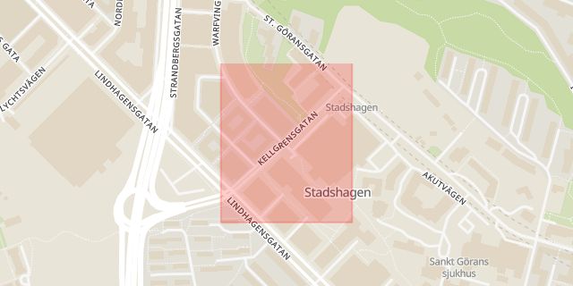 Karta som med röd fyrkant ramar in Kungsholmen, Kellgrensgatan, Stockholm, Stockholms län