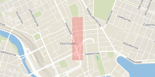 Karta som med röd fyrkant ramar in Malmskillnadsgatan, Vasastaden, Stockholm, Stockholms län