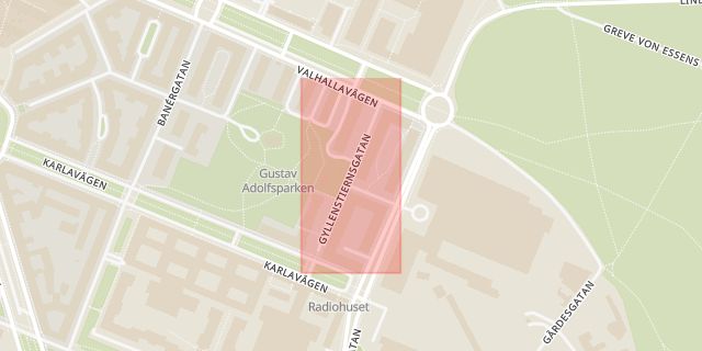 Karta som med röd fyrkant ramar in Gyllenstiernsgatan, Östermalm, Stockholm, Stockholms län