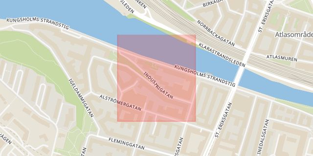 Karta som med röd fyrkant ramar in Industrigatan, Solna, Stockholms län