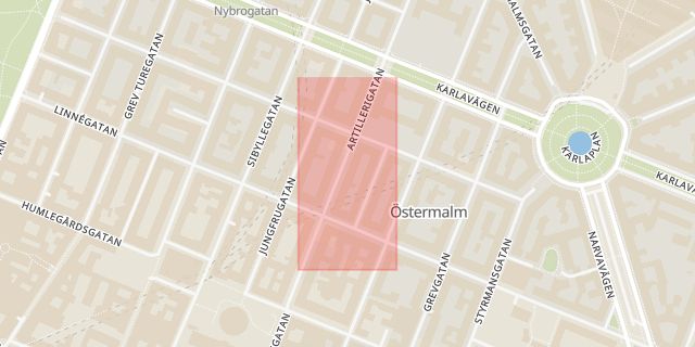 Karta som med röd fyrkant ramar in Östermalm, Artillerigatan, Jungfrugatan, Stockholm, Stockholms län