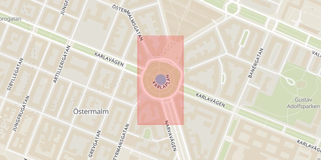 Karta som med röd fyrkant ramar in Östermalm, Karlaplan, Stockholm, Stockholms län