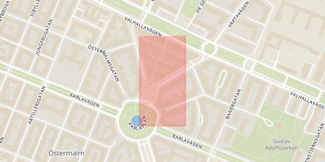 Karta som med röd fyrkant ramar in Östermalm, Telia, Stockholm, Stockholms län