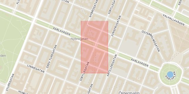 Karta som med röd fyrkant ramar in Östermalm, Sibyllegatan, Karlavägen, Stockholm, Stockholms län