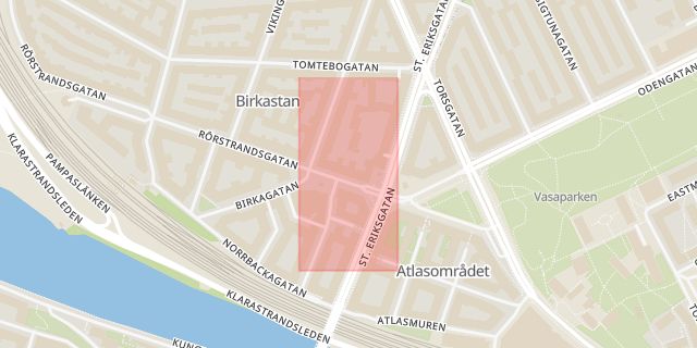 Karta som med röd fyrkant ramar in Rörstrandsgatan, Bråvallagatan, Stockholm, Stockholms län