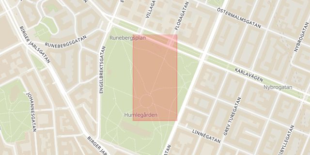 Karta som med röd fyrkant ramar in Sturegatan, Humlegården, Stockholm, Stockholms län
