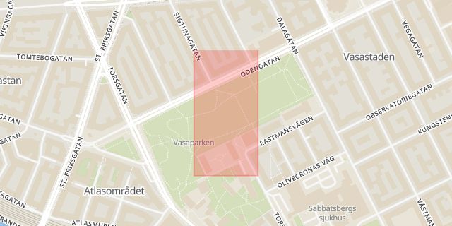 Karta som med röd fyrkant ramar in Odenplan, Vasaparken, Stockholm, Stockholms län