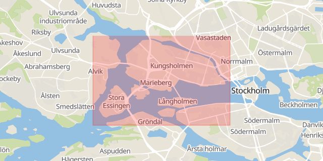 Karta som med röd fyrkant ramar in Kungsholmen, Stockholms län
