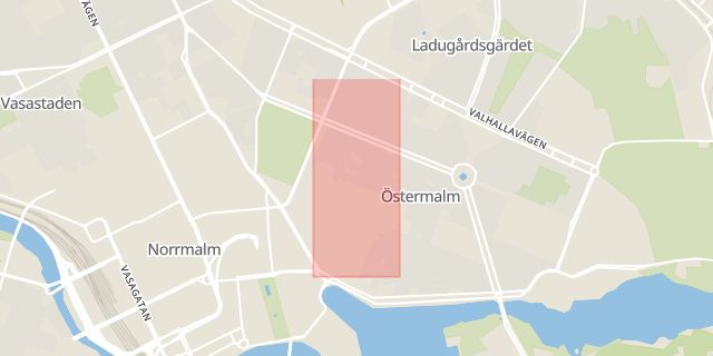 Karta som med röd fyrkant ramar in Nybrogatan, Stockholm, Stockholms län