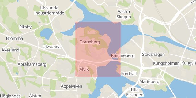 Karta som med röd fyrkant ramar in Traneberg, Stockholm, Stockholms län