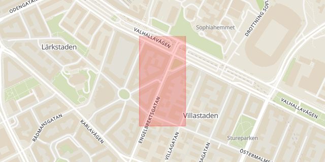 Karta som med röd fyrkant ramar in Östermalm, Rådmansgatan, Engelbrektsgatan, Birger Jarlsgatan, Stockholm, Stockholms län