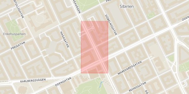 Karta som med röd fyrkant ramar in Surbrunnsgatan, Sveavägen, Stockholm, Stockholms län