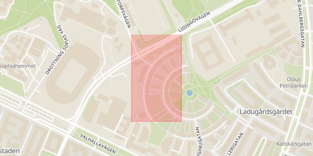 Karta som med röd fyrkant ramar in Löjtnantsgatan, Gärdet, Stockholm, Stockholms län
