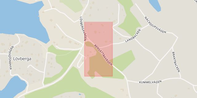 Karta som med röd fyrkant ramar in Kummelnäs, Landbacken, Rensättravägen, Nacka, Stockholms län