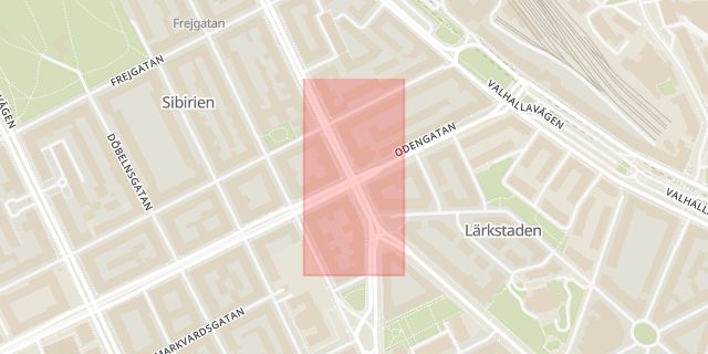 Karta som med röd fyrkant ramar in Vasastan, Birger Jarlsgatan, Odengatan, Stockholm, Stockholms län