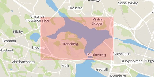 Karta som med röd fyrkant ramar in Mälaren, Ulvsundasjön, Stockholms län