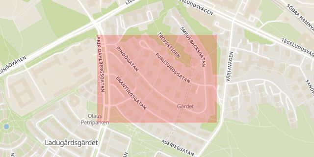 Karta som med röd fyrkant ramar in Gärdet, Rindögatan, Stockholm, Stockholms län