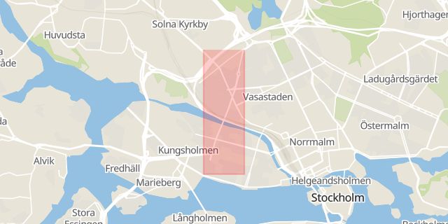 Karta som med röd fyrkant ramar in Kungsholmen, Hantverkargatan, Sankt Eriksgatan, Stockholm, Stockholms län