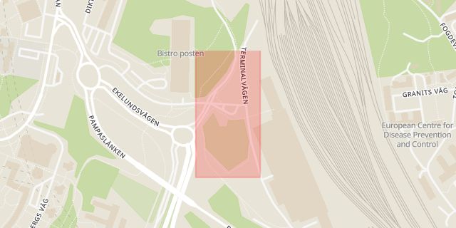 Karta som med röd fyrkant ramar in Tomteboda, Solna, Stockholms län