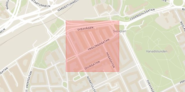 Karta som med röd fyrkant ramar in Ynglingagatan, Vasastaden, Stockholm, Stockholms län