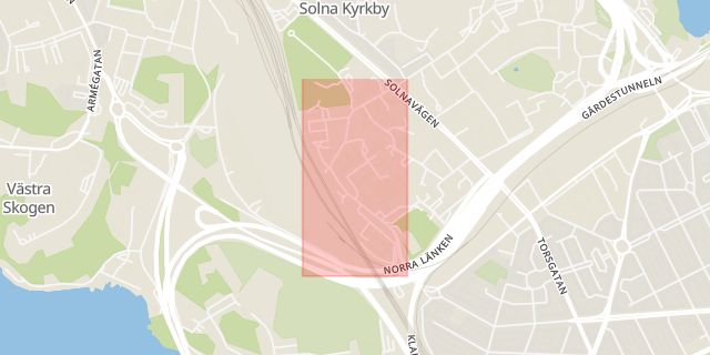 Karta som med röd fyrkant ramar in Tomteboda, Solna, Stockholms län