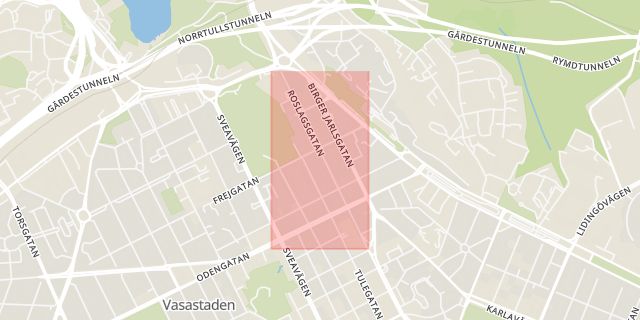 Karta som med röd fyrkant ramar in Roslagsgatan, Vasastaden, Stockholm, Stockholms län