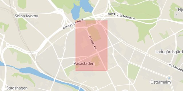 Karta som med röd fyrkant ramar in Sveavägen, Vasastan, Stockholm, Stockholms län