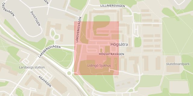 Karta som med röd fyrkant ramar in Högsätravägen, Lidingö, Stockholms län