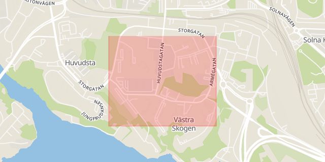 Karta som med röd fyrkant ramar in Armégatan, Solna, Stockholms län