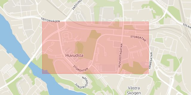 Karta som med röd fyrkant ramar in Storgatan, Huvudsta, Solna, Stockholms län