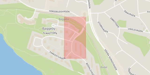 Karta som med röd fyrkant ramar in Baggeby Torg, Lidingö, Stockholms län