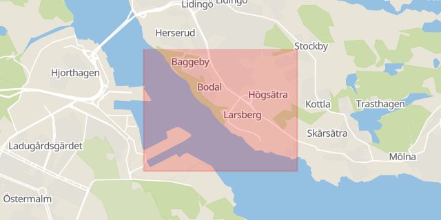 Karta som med röd fyrkant ramar in Baggeby, Larsberg, Lidingö, Stockholms län